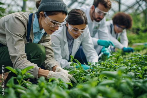 Team of scientists researching plant growth in a greenhouse. Agricultural science concept with focused professionals examining crops. Design for educational, botanical, and agricultural materials