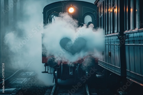 A train covered in a heart-shaped cloud of smoke as it moves along the tracks, A puff of heart-shaped smoke from a vintage train, AI Generated