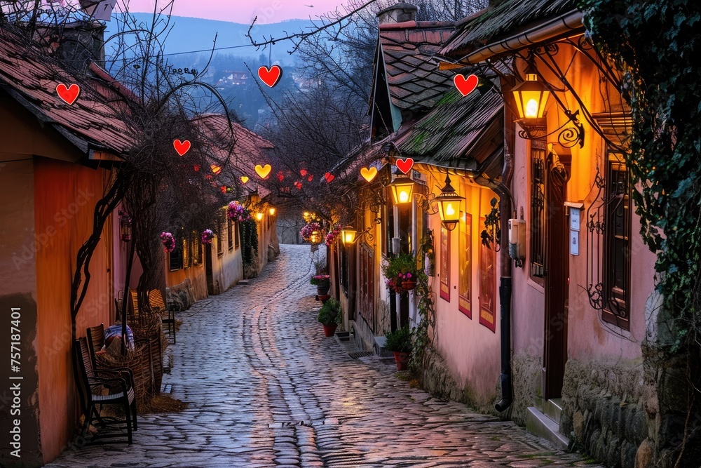 A cobblestone street lined with lanterns hanging from its sides, creating a warm and inviting atmosphere, A quaint cobblestone street lined with heart-shaped lanterns, AI Generated