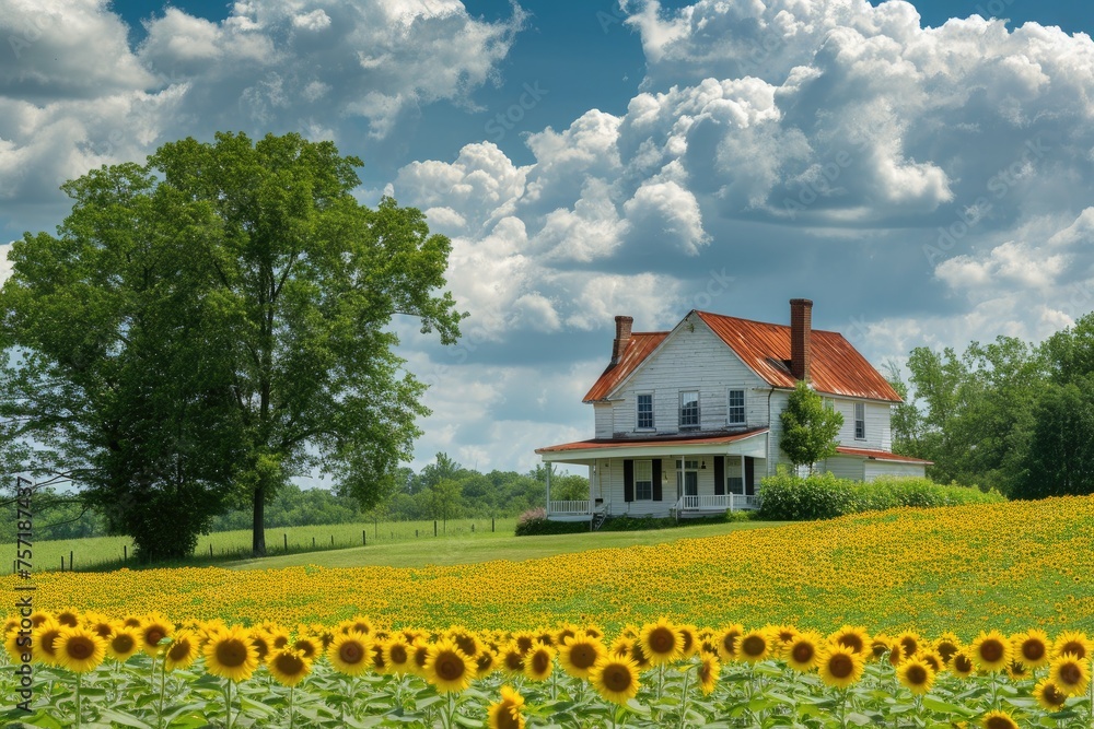 A sprawling sunflower field stretches into the distance, with a charming house nestled amongst the vibrant yellow blooms, A quaint country farmhouse with fields of sunflowers, AI Generated