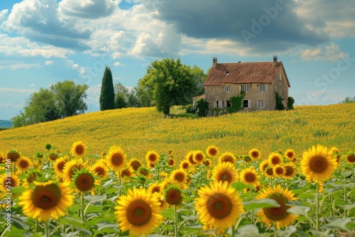 A picturesque field of sunflowers with a house in the background, creating a serene and natural scene, A quaint country farmhouse with fields of sunflowers, AI Generated