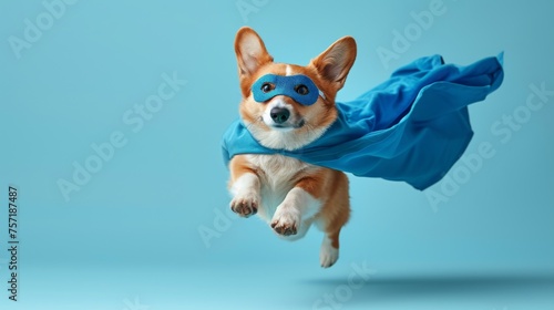 An adorable Corgi dog, dressed in a flowing blue superhero cape and mask, mid-leap against a soft blue background, exuding playfulness and heroism