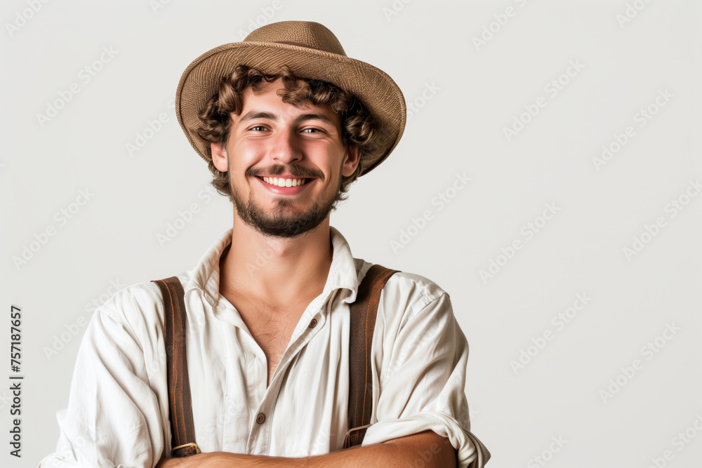 Portrait of happy farmer in straw hat stands and smile, looking at camera on grey background Portrait of happy farmer in straw hat stands and smile, looking at camera on grey background