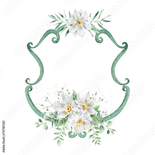 Art Deco wedding frame. Flowers and green crest template.