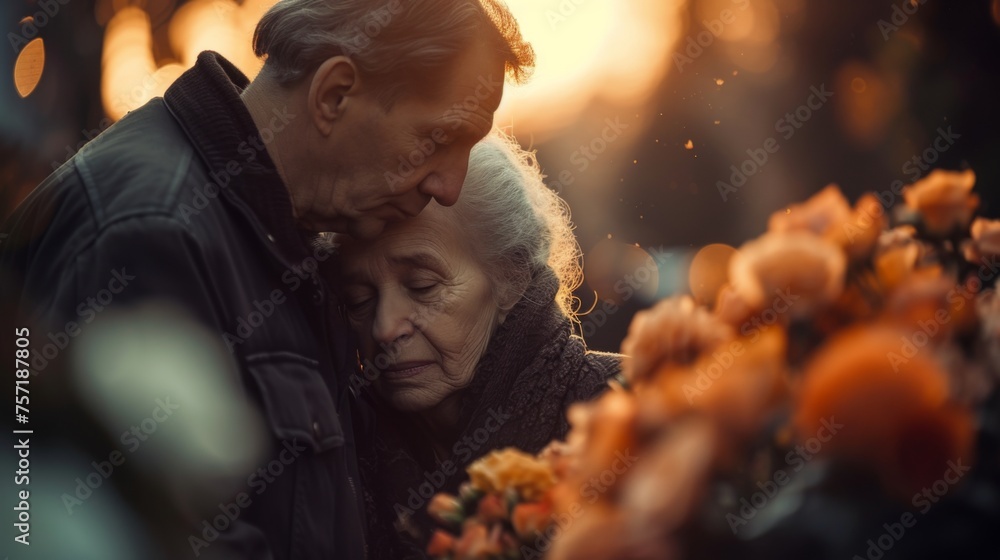 An elderly woman is comforted by a man amidst a backdrop of blooming orange flowers at dusk, their expressions conveying a deep emotional connection and a sense of consolation