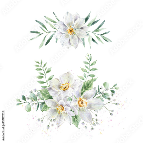 Watercolor illustration of white flowers and greenery. Floral border for wedding invitations.