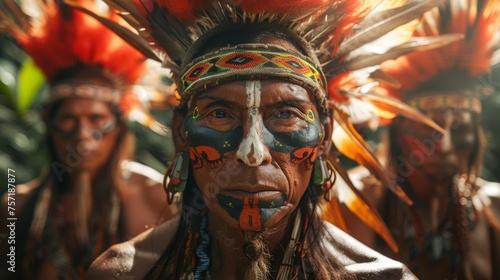 A Native American man wearing a traditional headdress and sporting painted markings on his face