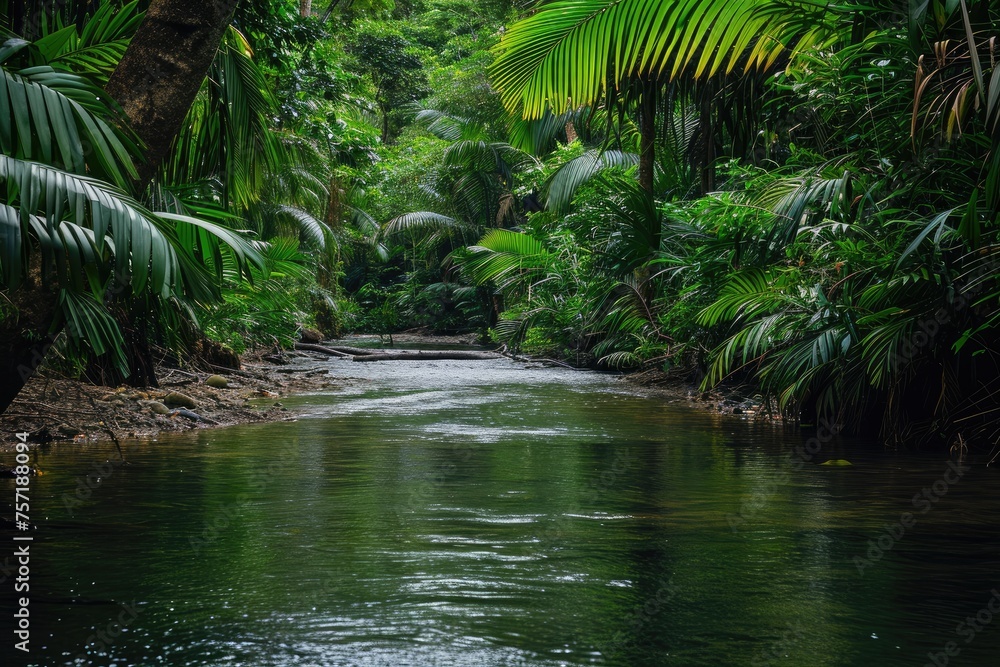 Obraz premium A river cascades gently through a dense, lush green forest, surrounded by towering trees and vibrant vegetation, A quiet river meandering through a thick rainforest, AI Generated