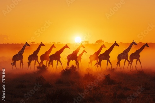 Herd of giraffes walking at sunset creating a silhouette contrasting with the horizon