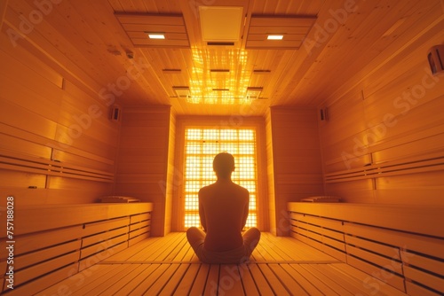 A silhouette of a person in a meditative pose is seen in an infrared sauna, with a warm orange glow enveloping the space, suggesting a moment of relaxation, health, and mindfulness