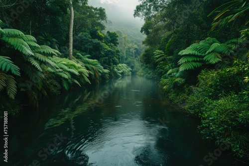 A calm river winds its way through a dense forest filled with vibrant green foliage, A quiet river meandering through a thick rainforest, AI Generated