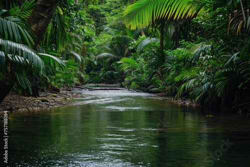 A river cascades gently through a dense, lush green forest, surrounded by towering trees and vibrant vegetation, A quiet river meandering through a thick rainforest, AI Generated