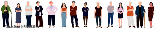 Group of women. Different age group of men standing in row. Old men and young adults standing together. 