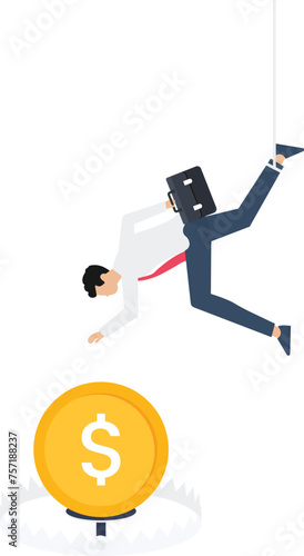  businessman going to catch the dollar coins on bear trap, metaphor of greedy financial risk and bad solutions, money trap business concept

