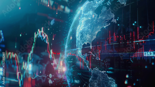 Abstract futuristic stock graph silhouette digital world map.