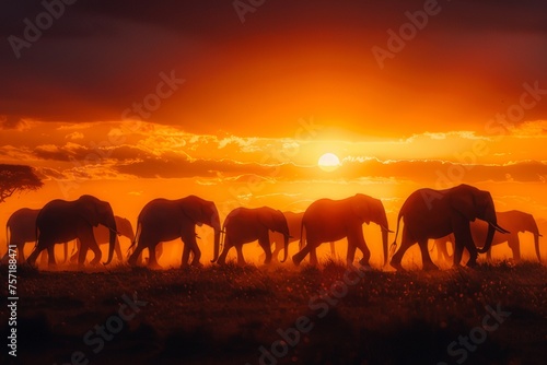 Herd of elephants walking at sunset creating a silhouette contrasting with the horizon