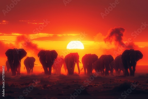 Herd of elephants walking at sunset creating a silhouette contrasting with the horizon