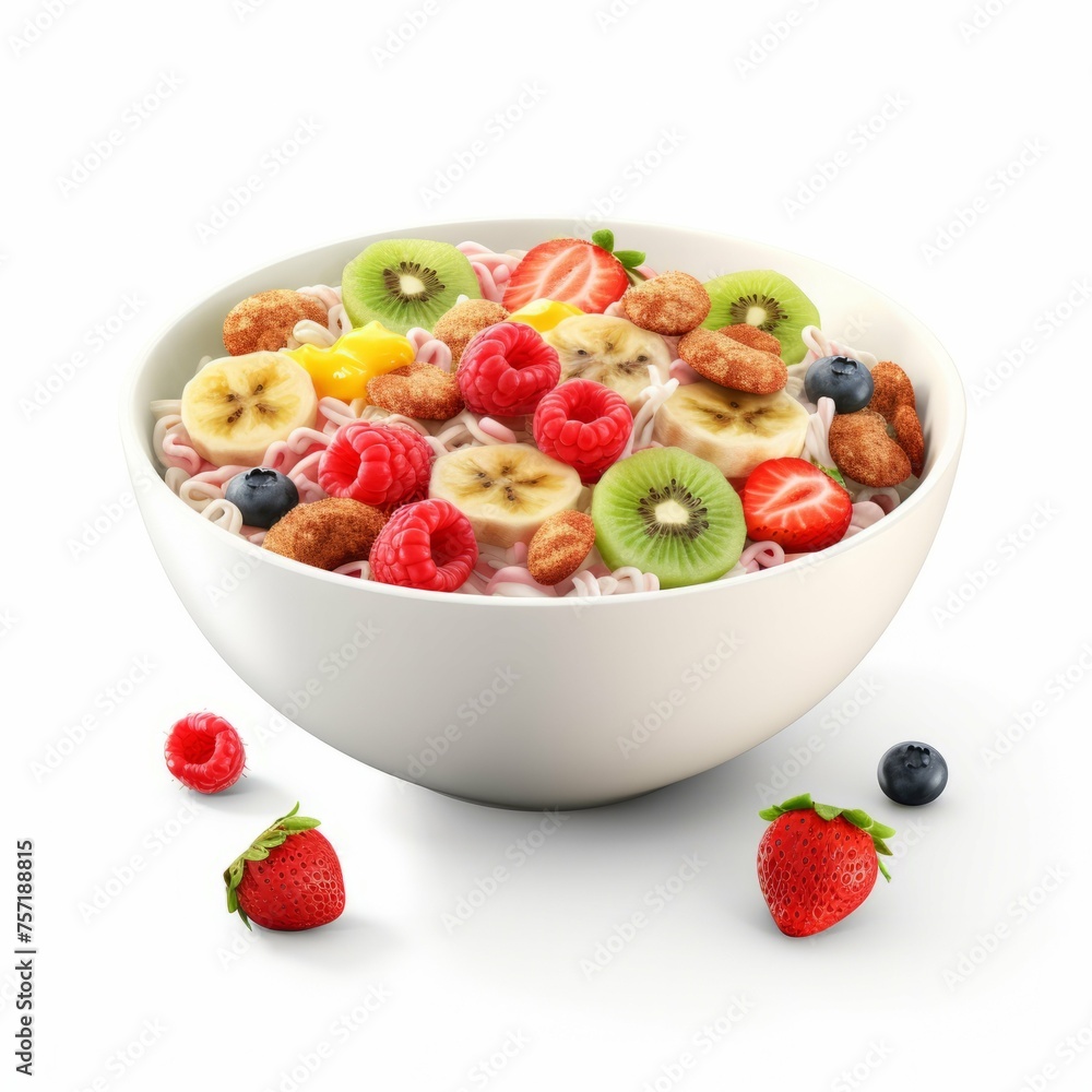 A bowl of cereal with a variety of fruits and nuts sprinkled on top, isolated on white background A bowl of cereal with a variety of fruits and nuts sprinkled on top, isolated on white background