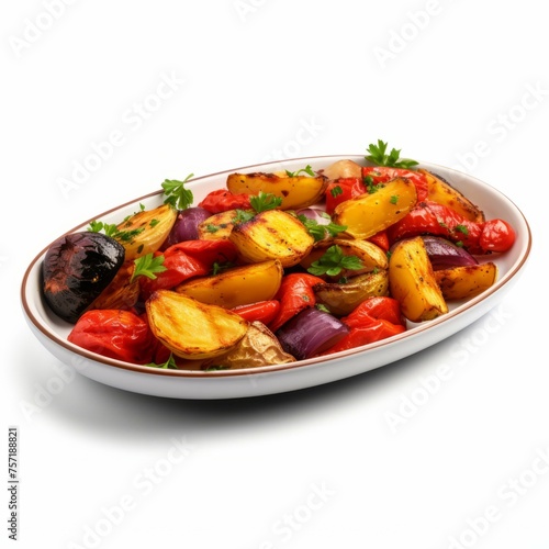 A plate of freshly cooked roasted vegetables, isolated on white background