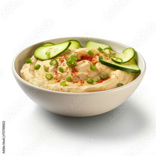 A bowl of freshly made hummus, with a few slices of cucumber and a sprinkle of paprika, isolated on white background
