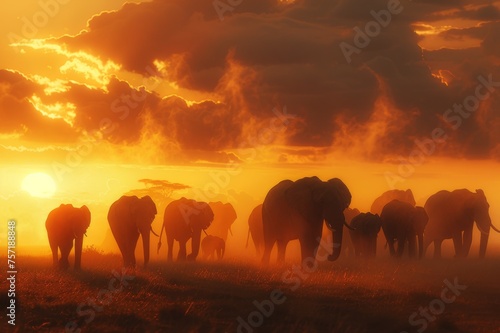 Herd of elephants walking at sunset creating a silhouette contrasting with the horizon