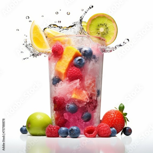 A glass of freshly blended smoothie with a variety of fruits  isolated on white background