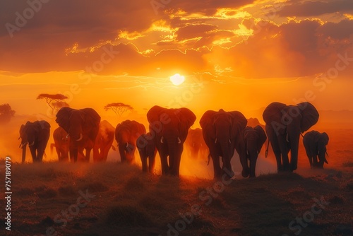 Herd of elephants walking at sunset creating a silhouette contrasting with the horizon © wpw