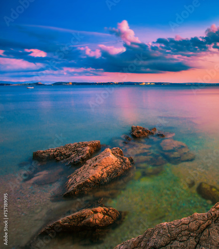 scenic croatian coast, Rijeka resort, Kosterena beach, Istria, Europe, spectacular sunset view	 photo