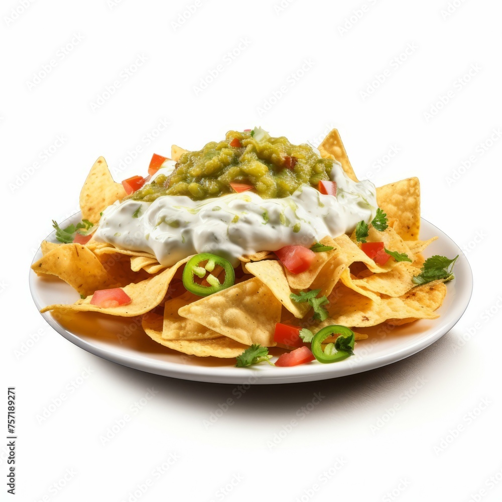 A plate of nachos with jalapenos, guacamole, and sour cream, isolated on white background A plate of nachos with jalapenos, guacamole, and sour cream, isolated on white background