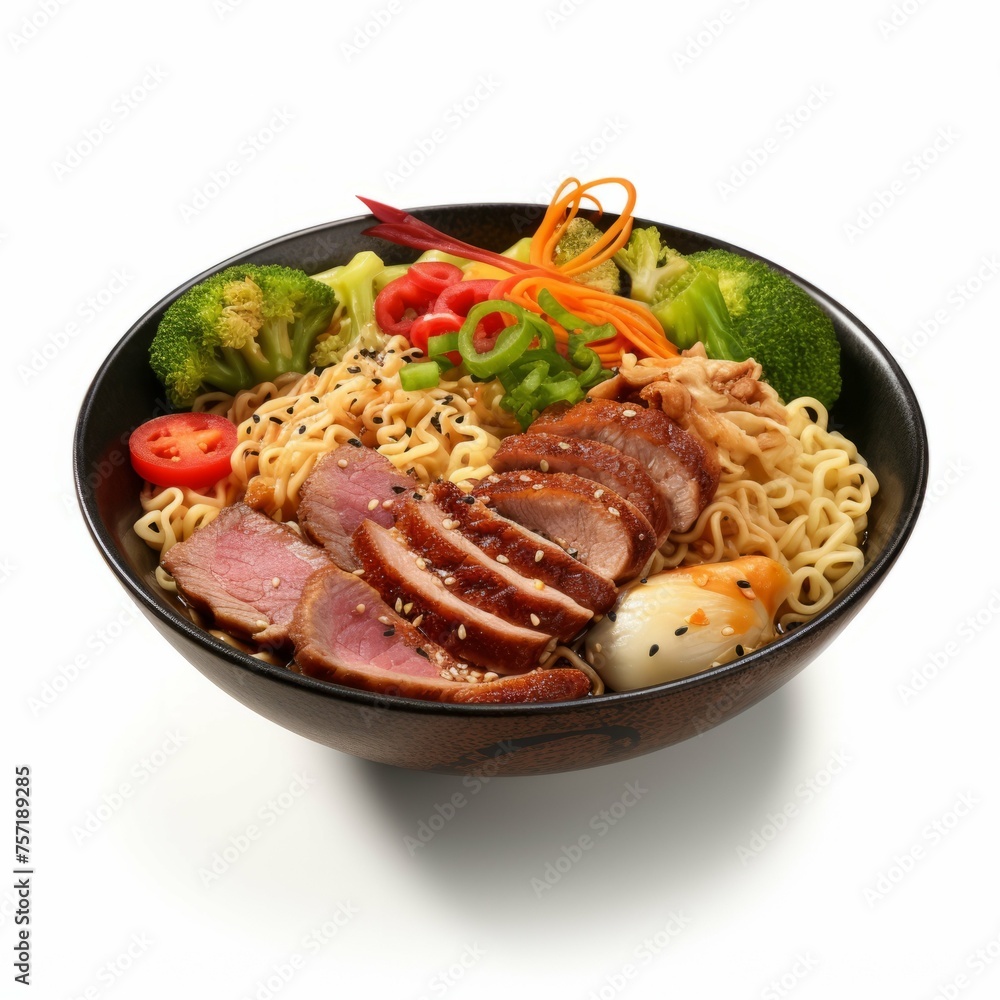 A bowl of freshly cooked ramen noodles, with a variety of vegetables, meat, and spices, isolated on white background A bowl of freshly cooked ramen noodles, with a variety of vegetables, meat, and spices, isolated on white background