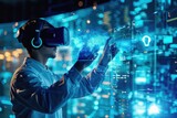 A man wearing a virtual reality headset engages in immersive digital experiences, A researcher analyzing big data in a virtual reality setting, AI Generated