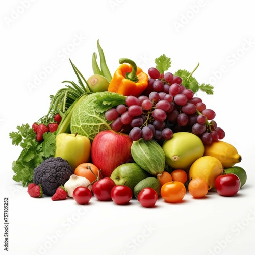A colorful array of summer fruits and vegetables, freshly picked from the farmer's market and arranged in a vibrant display, isolated on white background