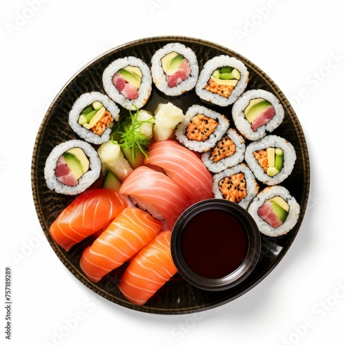 A plate of sushi rolls with pickled ginger, wasabi and soy sauce, isolated on white background
