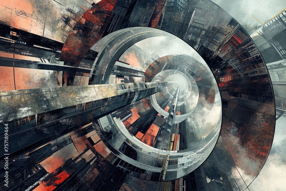 A photo showing a city of the future, characterized by its towering skyscrapers and modern architectural design, A ring of abstract shapes encircling a visionary future metropolis, AI Generated