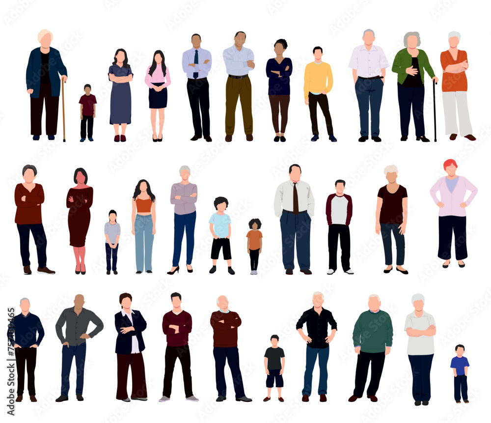 Multiethnic group of people. Society, multicultural community portrait and senior citizens. Young, adult and elder people vector illustration. Various age group of people of different races.