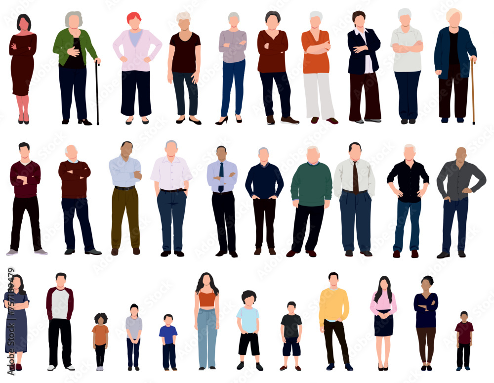 Multinational group of people isolated on white background. Children, adults, teenagers and elderly people or senior citizen standing together.