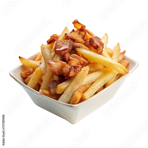 french fries in a white bowl, whit bacon isolated white background
