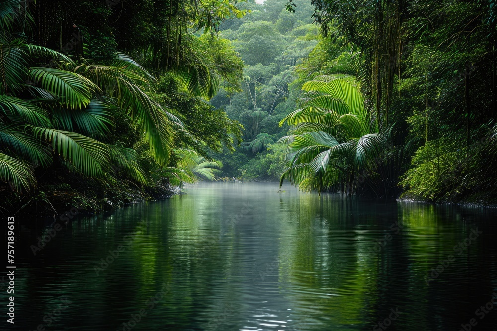 A peaceful lake reflecting the vibrant green foliage that surrounds it, creating a harmonious natural landscape, A river flowing calmly through a secluded rainforest, AI Generated A peaceful lake reflecting the vibrant green foliage that surrounds it, creating a harmonious natural landscape, A river flowing calmly through a secluded rainforest, AI Generated