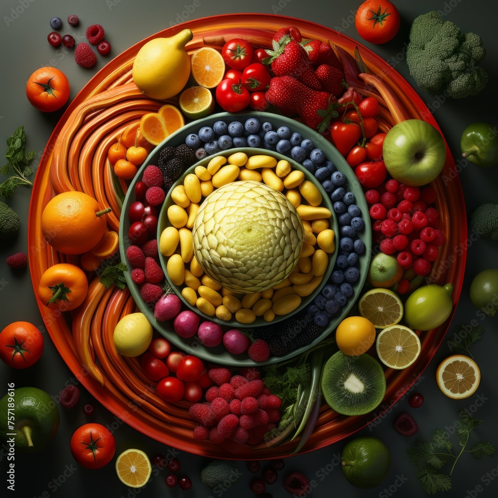 A bowl of colorful fruits and vegetables arranged in a spiral pattern