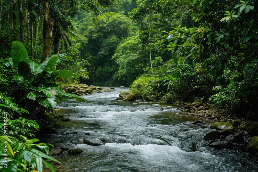 A powerful river flows through a vibrant, dense forest, creating a breathtaking scene surrounded by lush green foliage, A river flowing freely through a dense rainforest, AI Generated