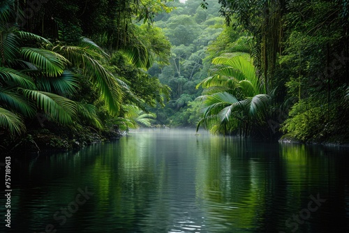 A peaceful lake reflecting the vibrant green foliage that surrounds it  creating a harmonious natural landscape  A river flowing calmly through a secluded rainforest  AI Generated