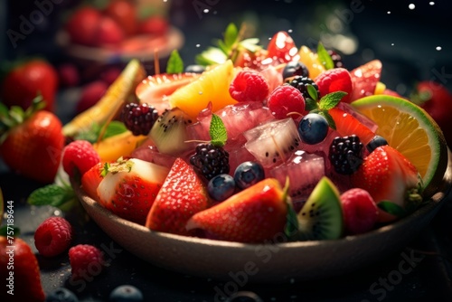 A colorful and vibrant fruit salad with a variety of fruits  including watermelon  kiwi  and strawberries