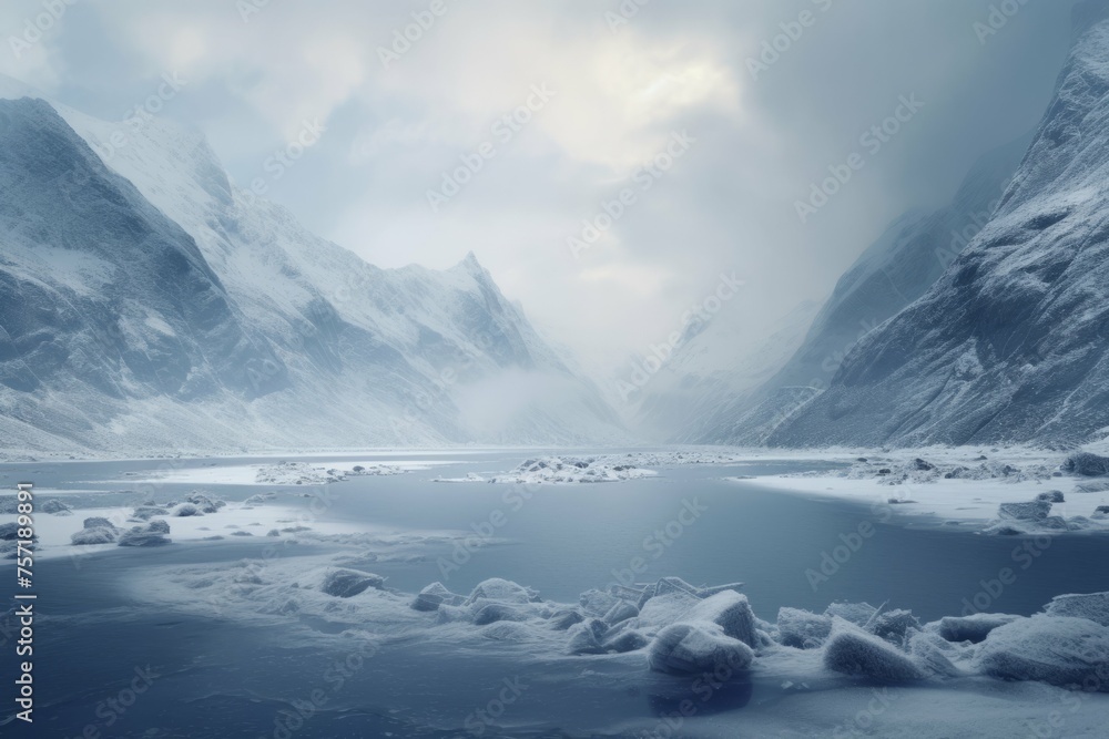 A foggy mountain lake surrounded by snow-covered peaks