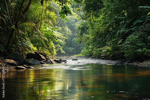 Serpentine River Flowing Through Vibrant Green Forest  A river in the heart of a towering rainforest  AI Generated