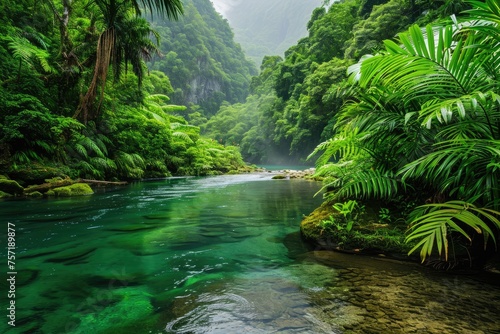 A powerful river winds its way through a vibrant green forest, showcasing the beauty of nature in its raw form, A river surrounded by vibrant green rainforest, AI Generated