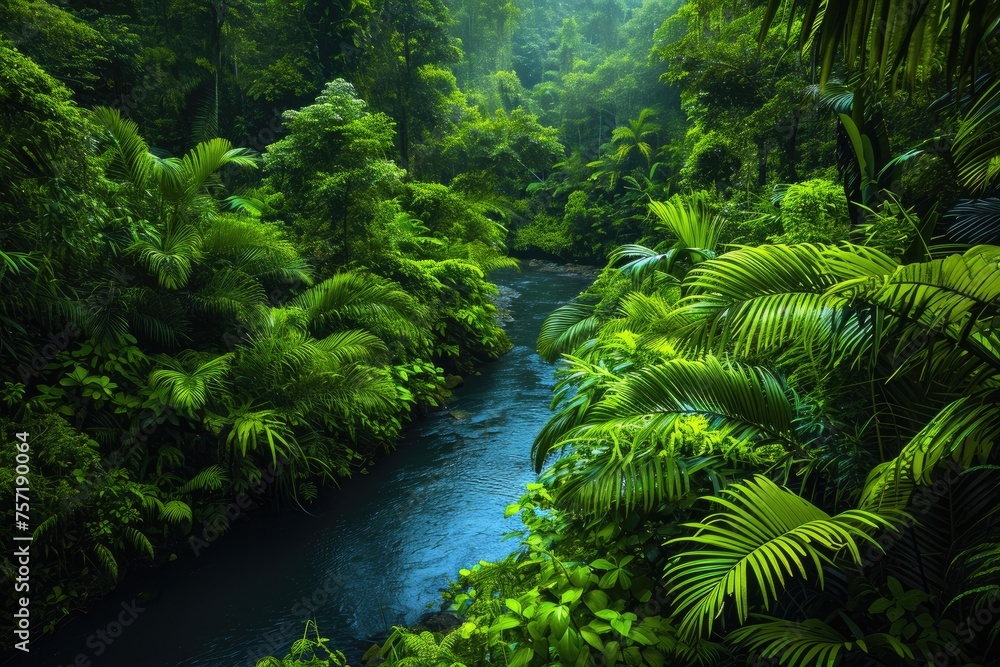 A Serpentine River Meandering Through a Dense Verdant Forest, A river twisting through the vibrant undergrowth of a rainforest, AI Generated A Serpentine River Meandering Through a Dense Verdant Forest, A river twisting through the vibrant undergrowth of a rainforest, AI Generated