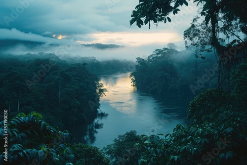 A meandering river cuts through the dense and verdant foliage of a vibrant jungle in a remote location, A river trailing through rainforest terrain at dawn, AI Generated © Iftikhar alam