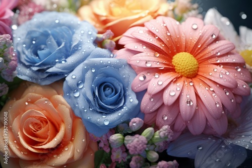 A colorful bouquet of fresh flowers with dewdrops on the petals