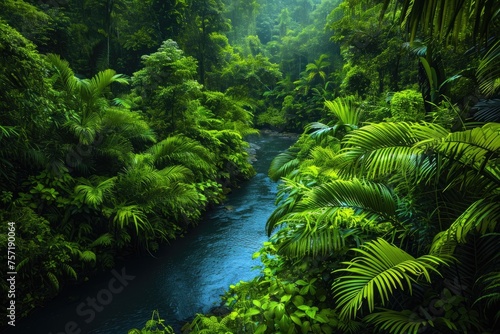 A Serpentine River Meandering Through a Dense Verdant Forest  A river twisting through the vibrant undergrowth of a rainforest  AI Generated