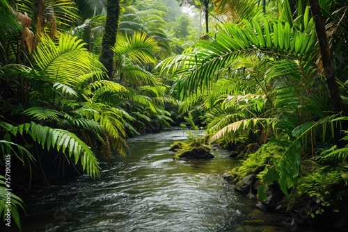 Serene Stream Flowing Through a Verdant Forest  A river twisting through the vibrant undergrowth of a rainforest  AI Generated